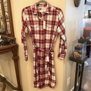 NWT~LUCKY BRAND Women Red Plaid Pearl Snap Button Tie Waist Western Dress-XS